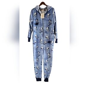 NWT Munki Munki Peanuts Snoopy Blue Plush Hooded One Piece Pajamas Size M